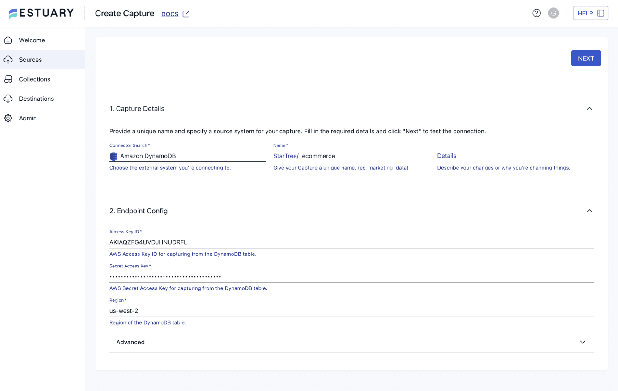 Configure the Capture from DynamoDB to Estuary Flow