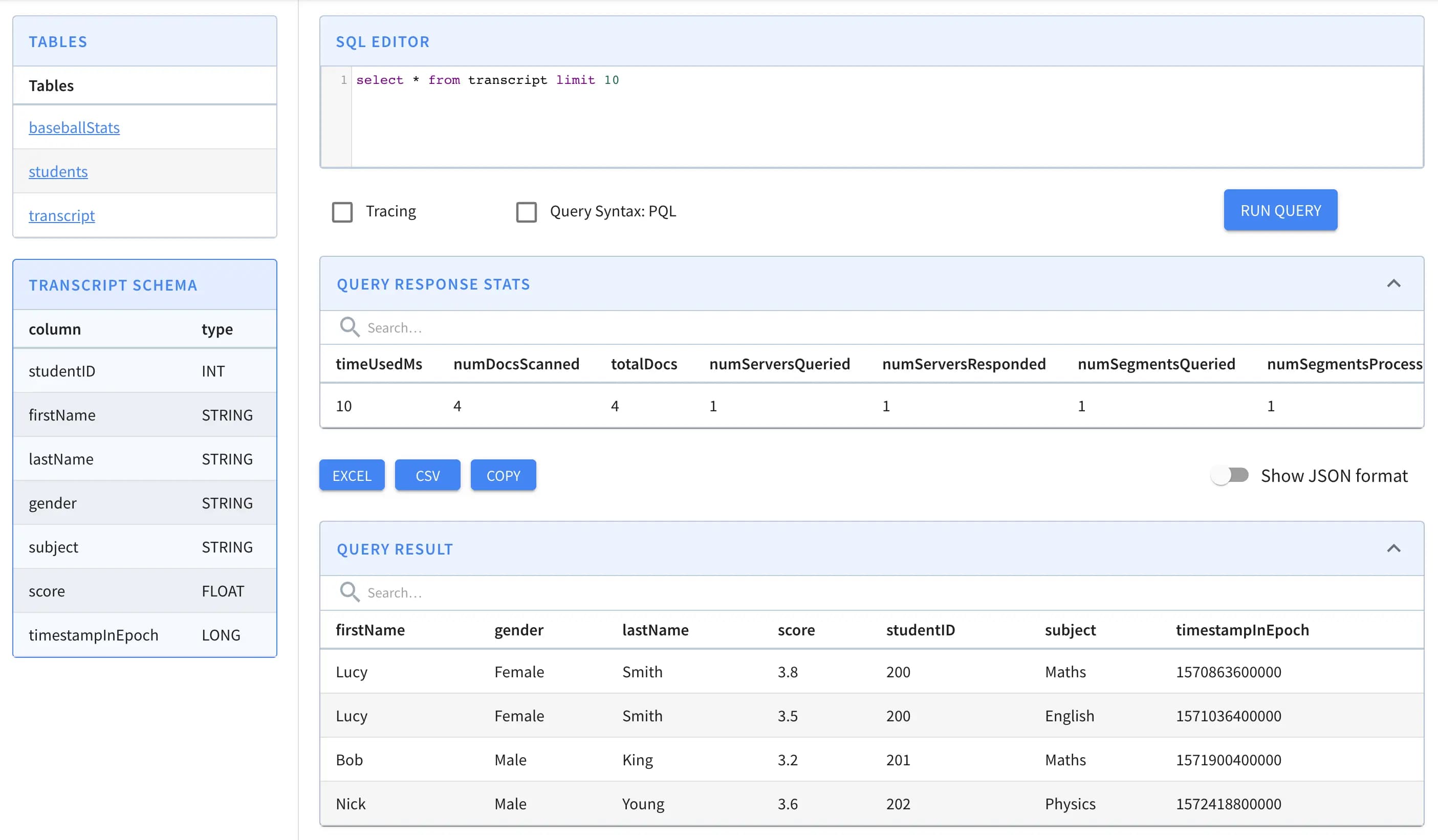 Pinot Query Transcript Table