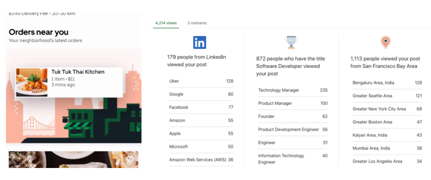 LinkedIn post analytics and Uber Eats “orders near you”