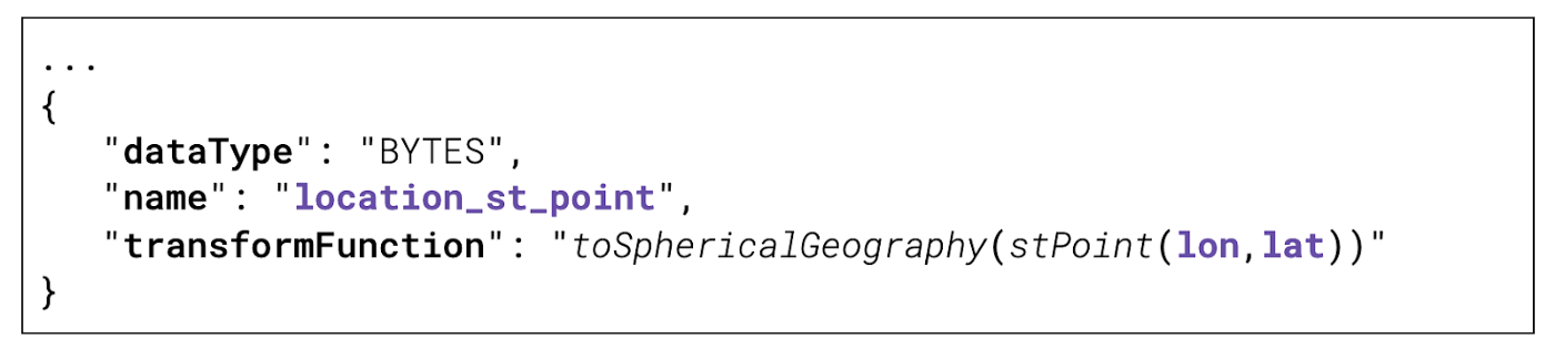 Snippet of a generated field in a schema definition for geospatial querying