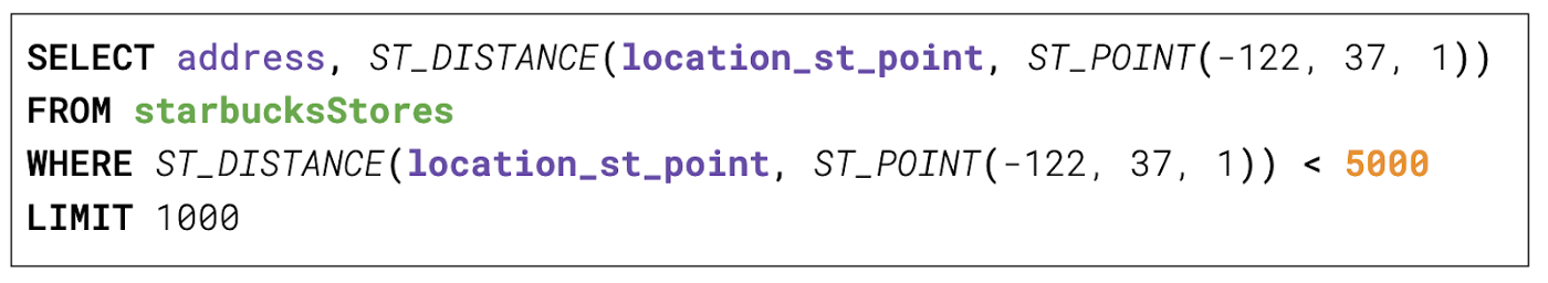 Sample SQL lookup to find Starbucks store locations in the SF Bay Area