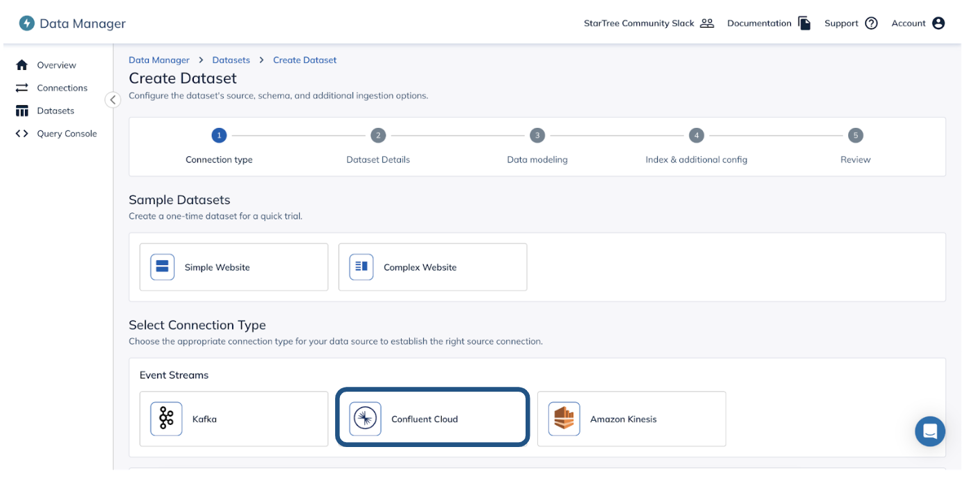 Image showing list of connectors in Data Manager. Confluent Cloud is one such connector