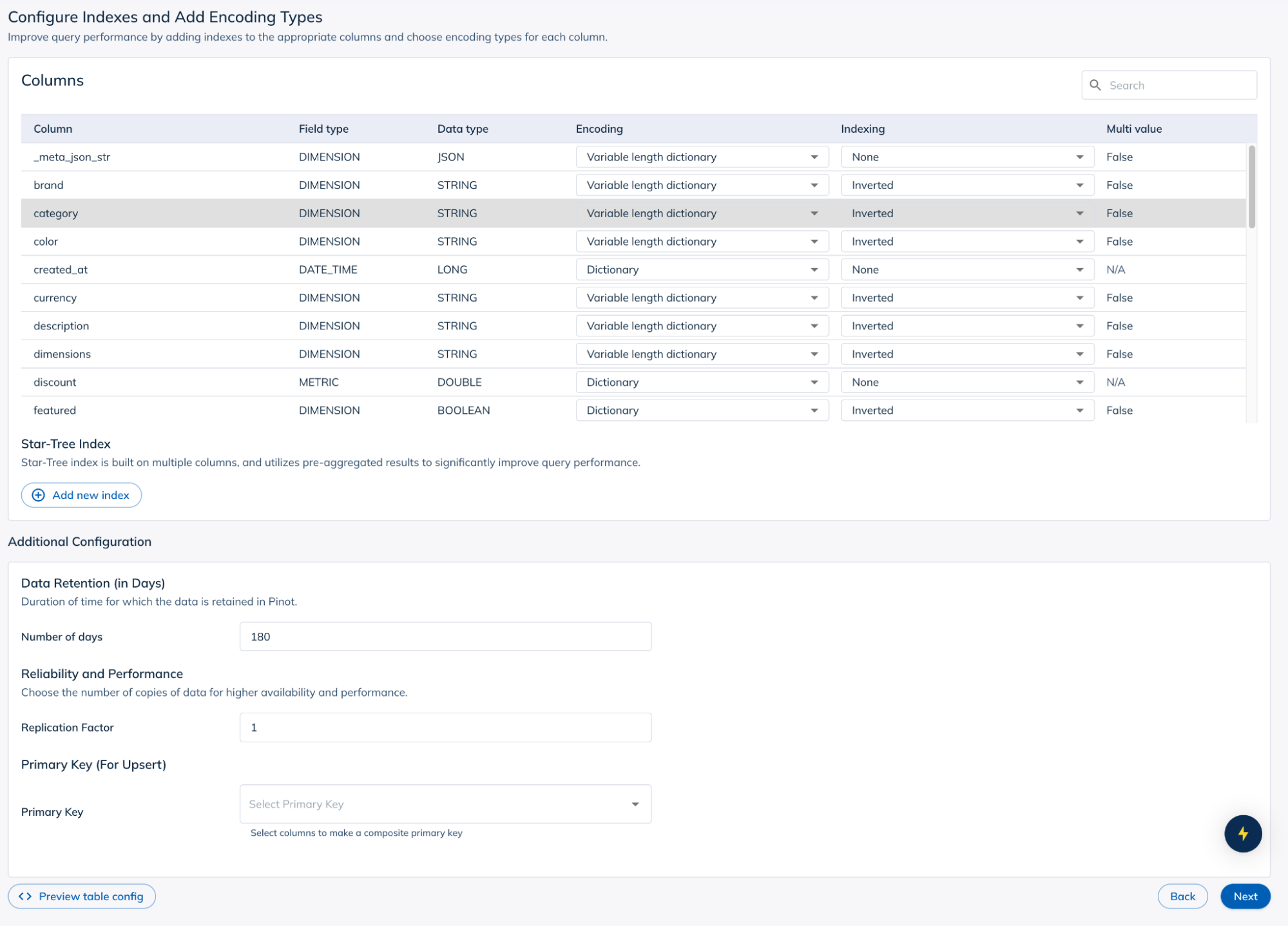 Configure indexes