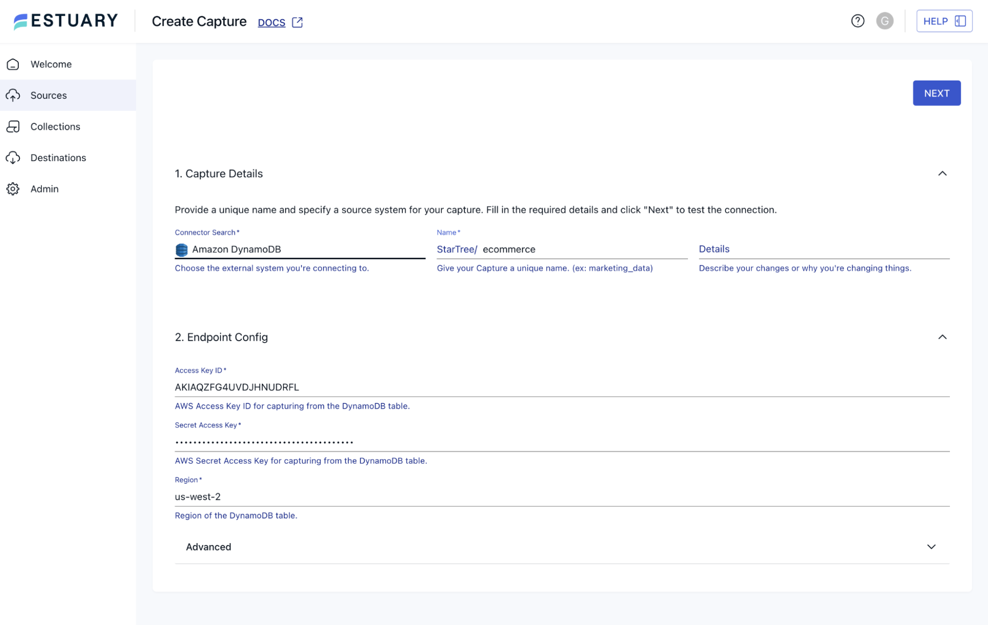 Configure the Capture from DynamoDB to Estuary Flow