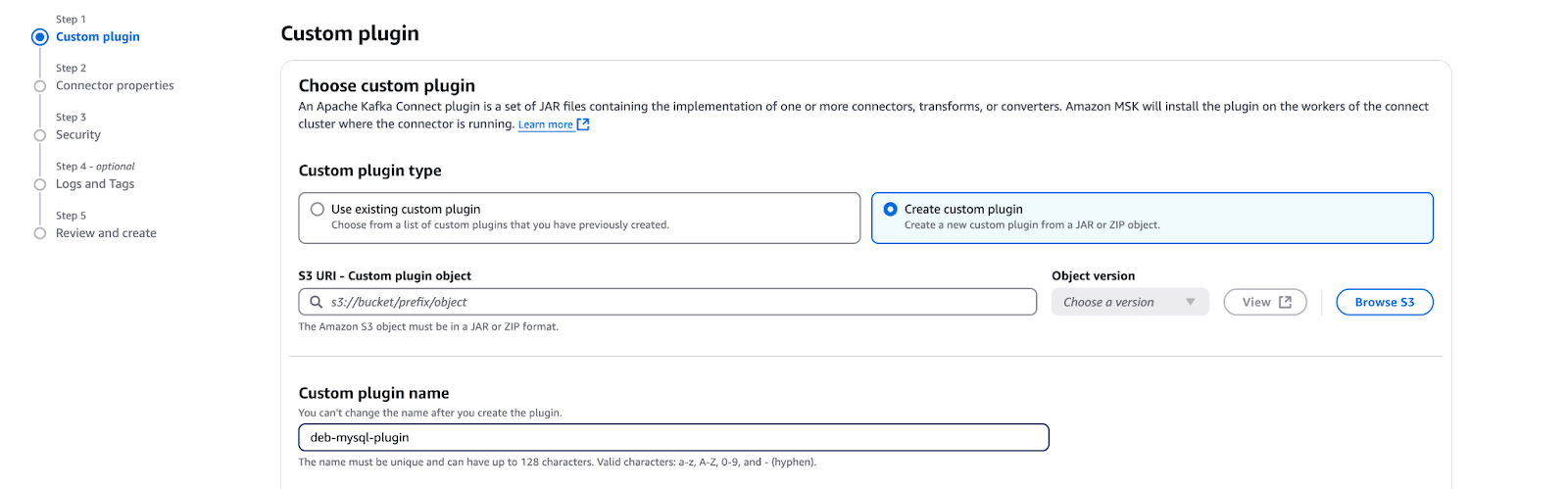 How to create a custom plugin to configure MSK Connect