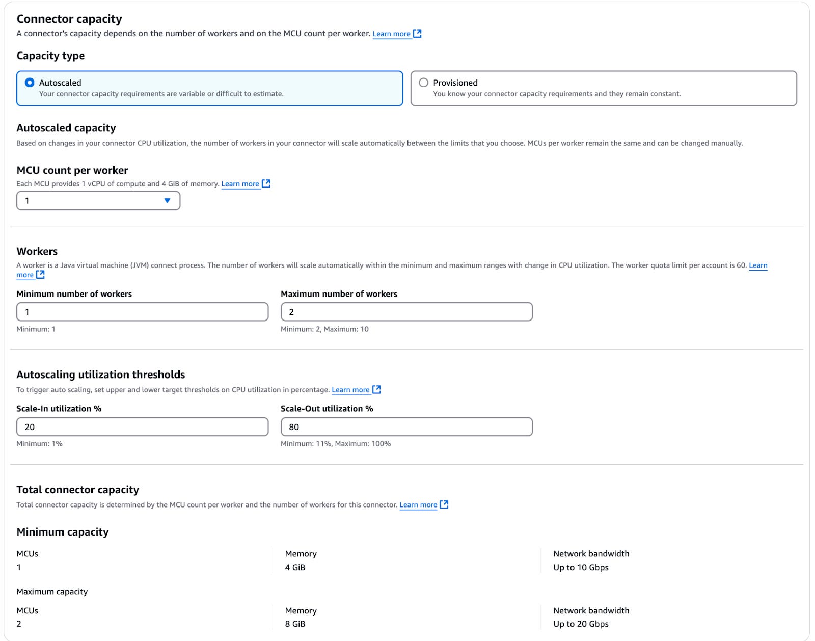 Choose capacity mode for MSK Connect